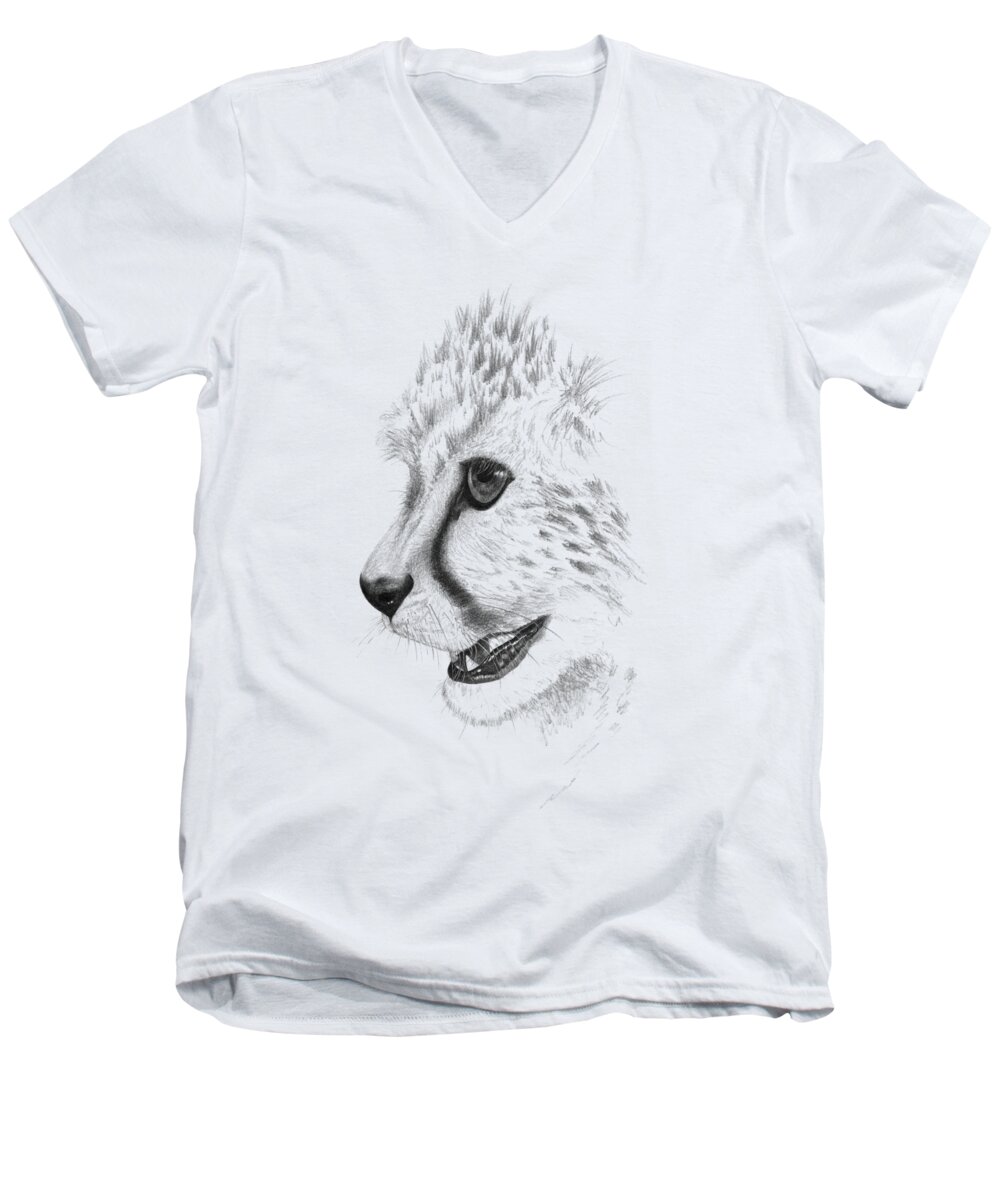 Cheetah Men's V-Neck T-Shirt featuring the drawing Cheetah by John Barnard