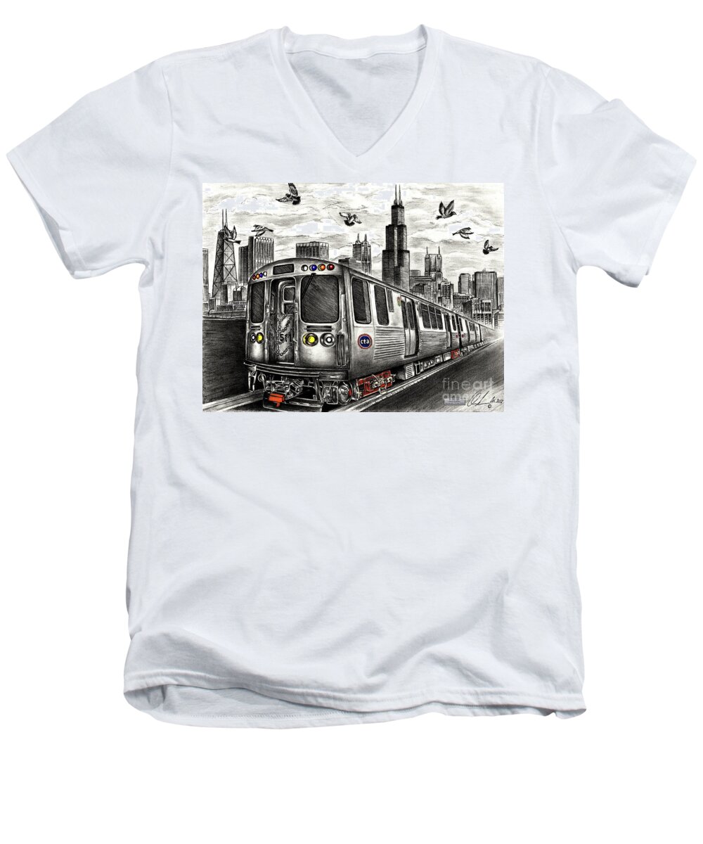 Ctatrain Men's V-Neck T-Shirt featuring the drawing Chicago CTA Train by Omoro Rahim