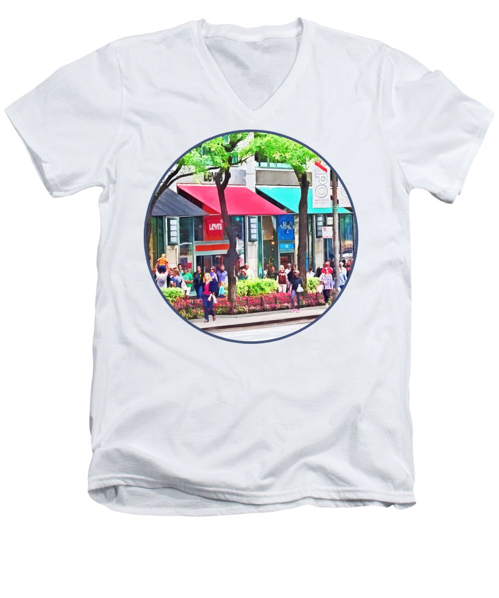Chicago Men's V-Neck T-Shirt featuring the photograph Chicago IL - Shopping Along Michigan Avenue by Susan Savad