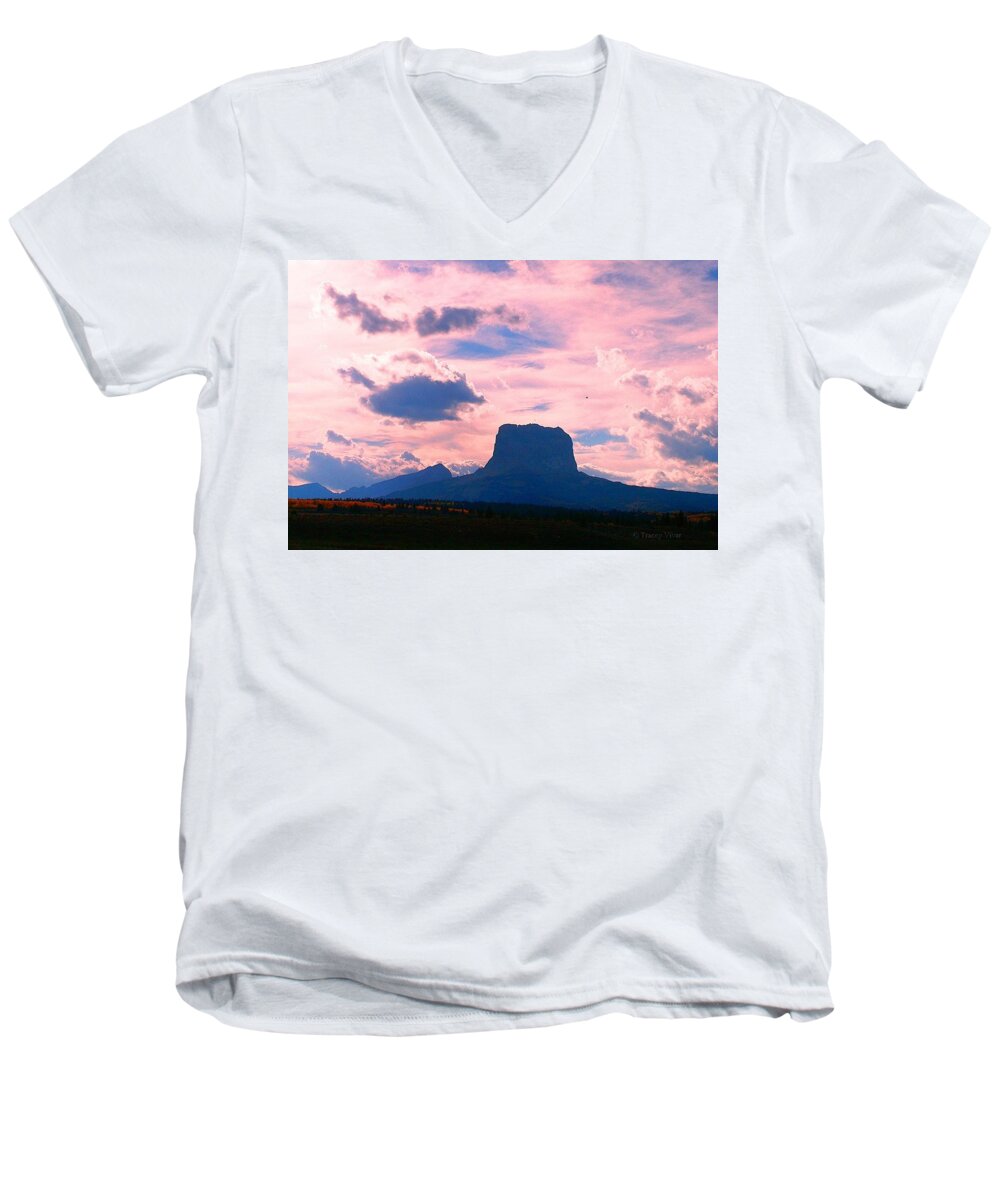 Chief Mountain Men's V-Neck T-Shirt featuring the photograph Chief Mountain, Pastel by Tracey Vivar
