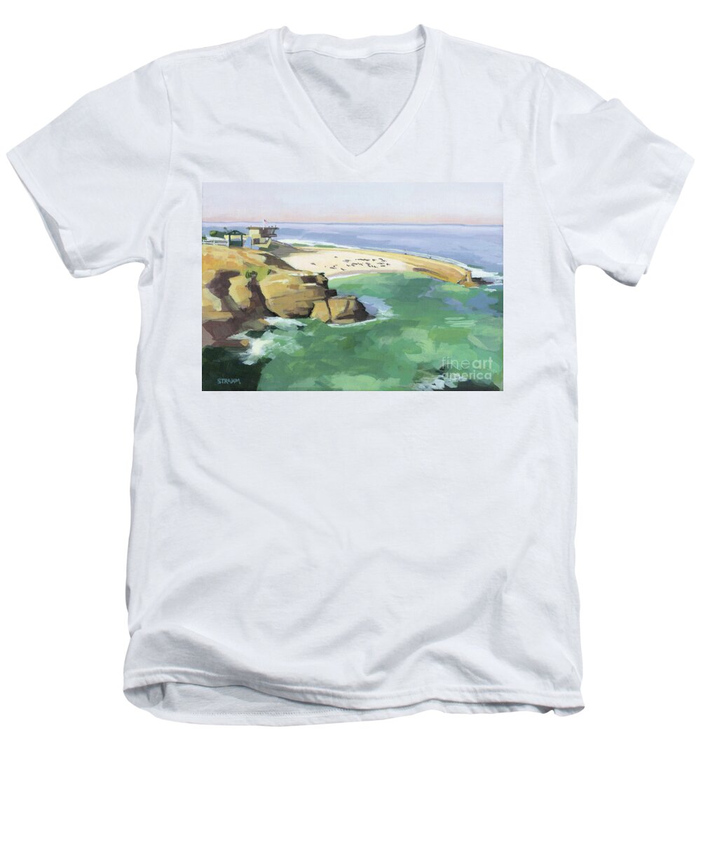 Children's Pool Men's V-Neck T-Shirt featuring the painting Children's Pool La Jolla San Diego California by Paul Strahm