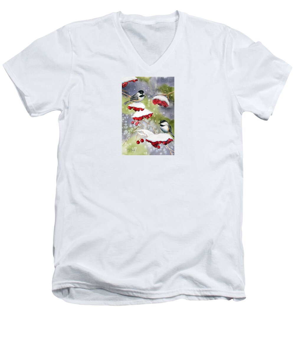 Birds Men's V-Neck T-Shirt featuring the painting Chilly Chickadees by Marsha Karle
