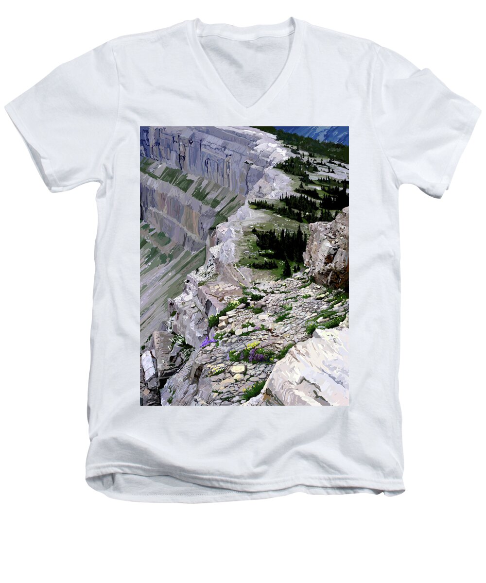 Landscape Men's V-Neck T-Shirt featuring the painting Chinese Wall Edge by Pam Little