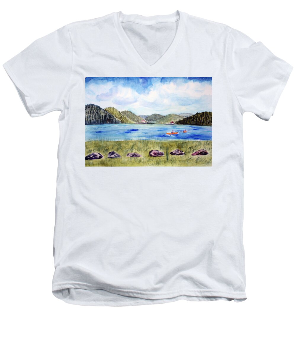 Chrystal Lake Men's V-Neck T-Shirt featuring the painting Chrystal Lake Barton VT by Donna Walsh
