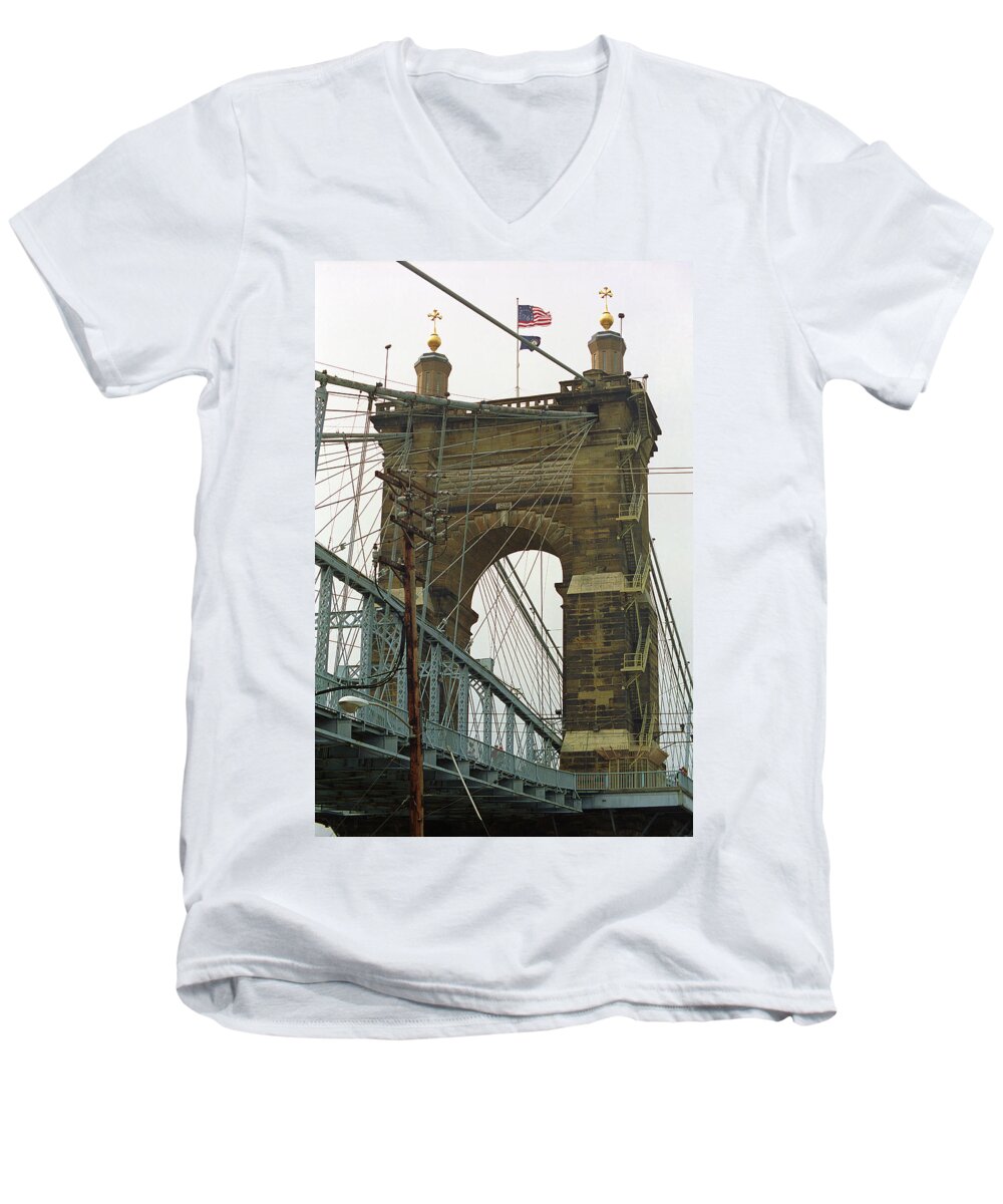 Arches Men's V-Neck T-Shirt featuring the photograph Cincinnati - Roebling Bridge 4 by Frank Romeo