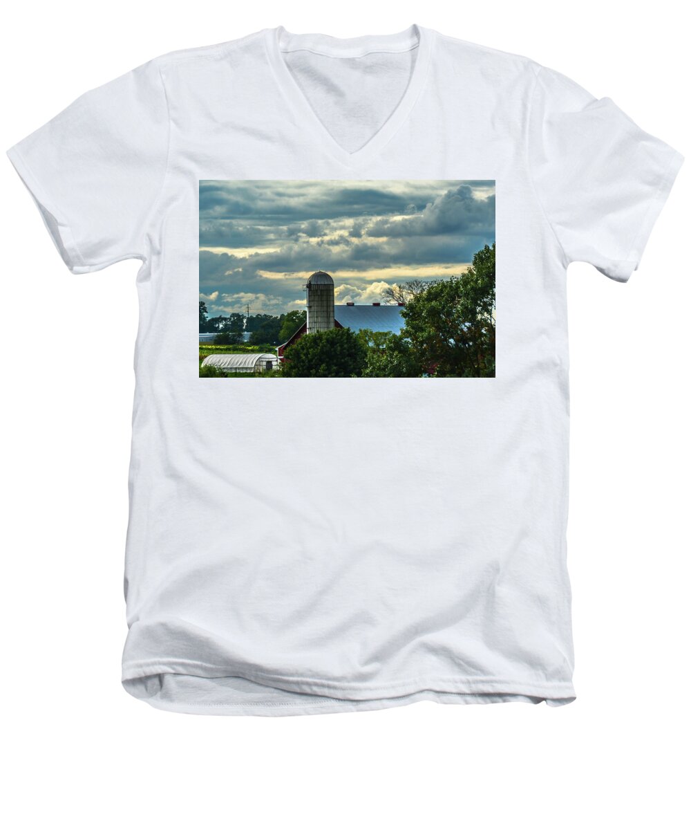 Cloudscape Men's V-Neck T-Shirt featuring the photograph Clouds and Light on a Barn by Tana Reiff
