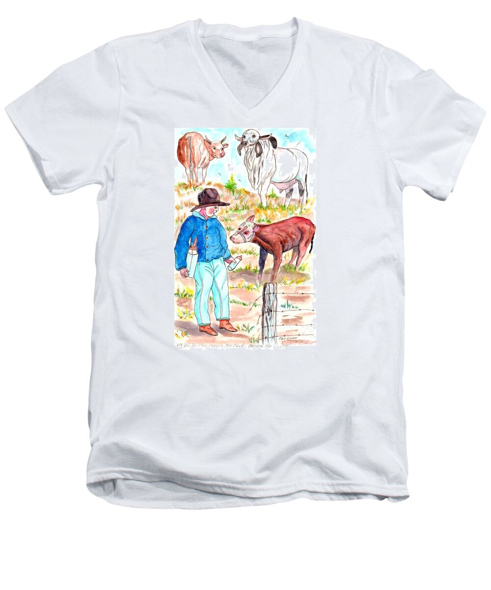 Kids On Farm Men's V-Neck T-Shirt featuring the mixed media Coaxing The Herd Home by Philip And Robbie Bracco