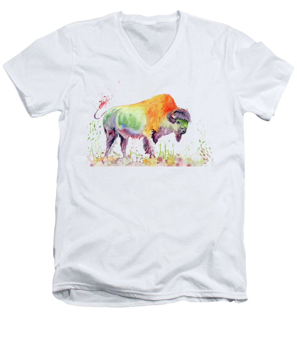 Colorful American Buffalo Men's V-Neck T-Shirt featuring the painting Colorful American Buffalo by Melly Terpening