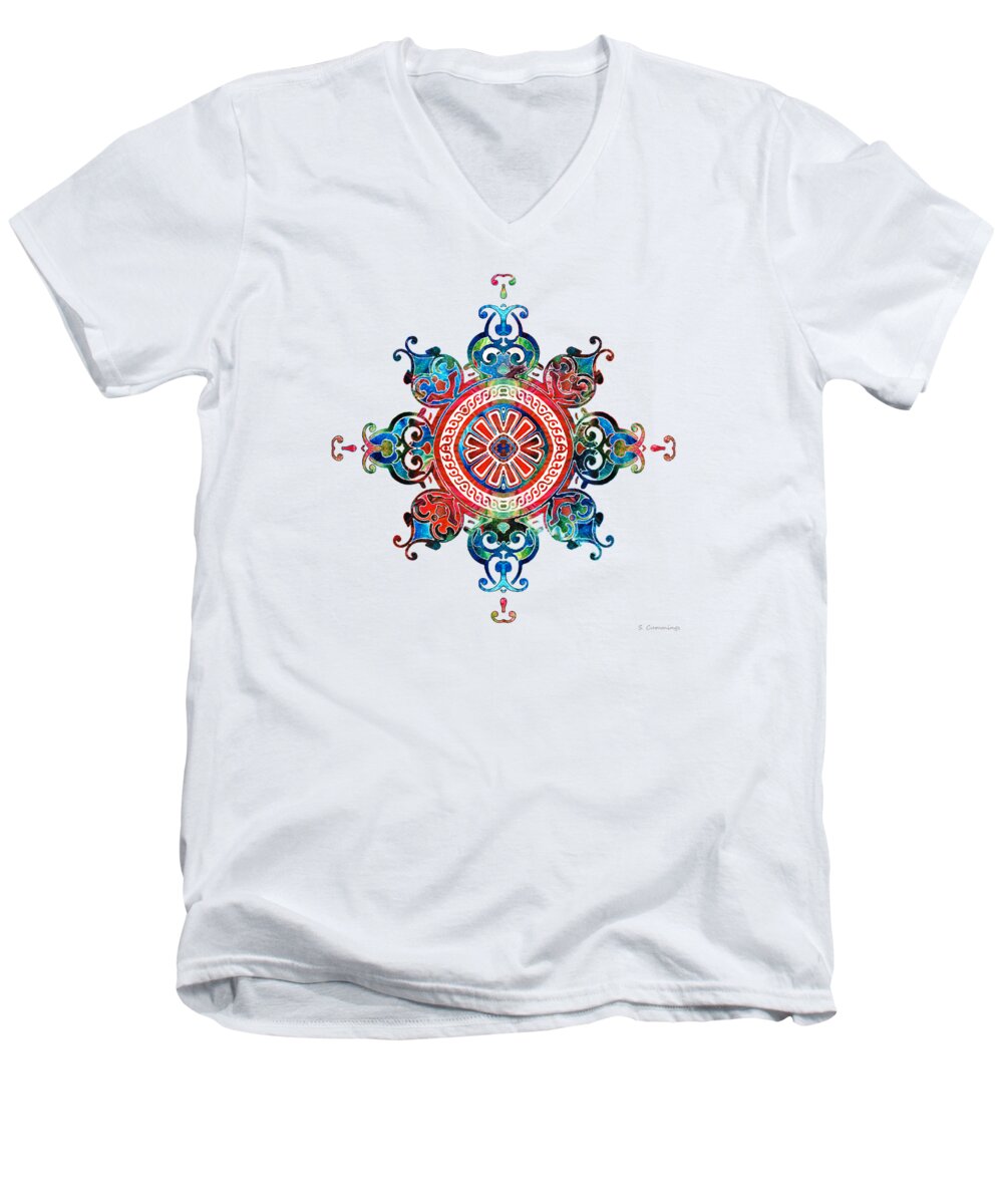 Mandala Men's V-Neck T-Shirt featuring the painting Colorful Pattern Art - Color Fusion Design 3 By Sharon Cummings by Sharon Cummings