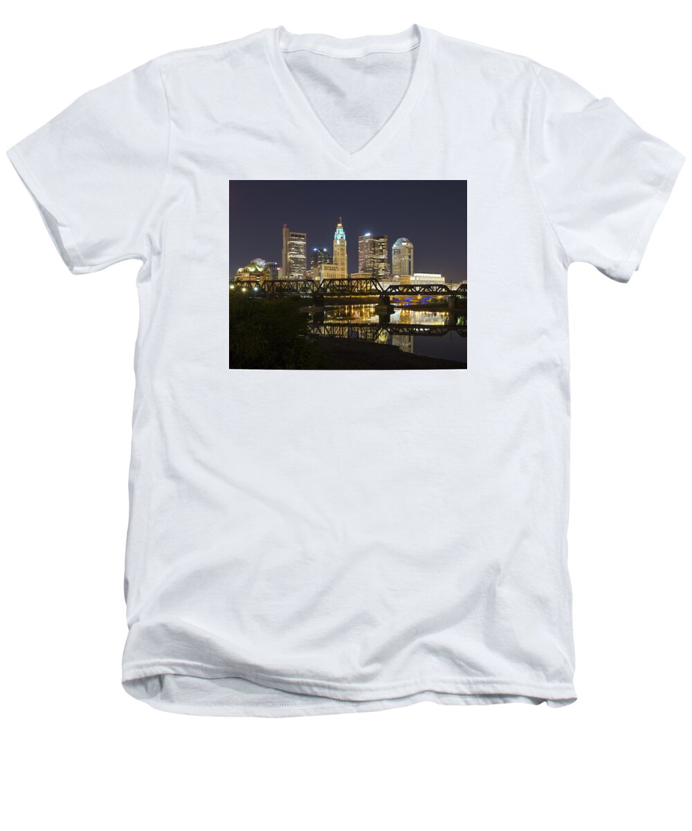 Night Men's V-Neck T-Shirt featuring the photograph Columbus Skyline 2 by Alan Raasch