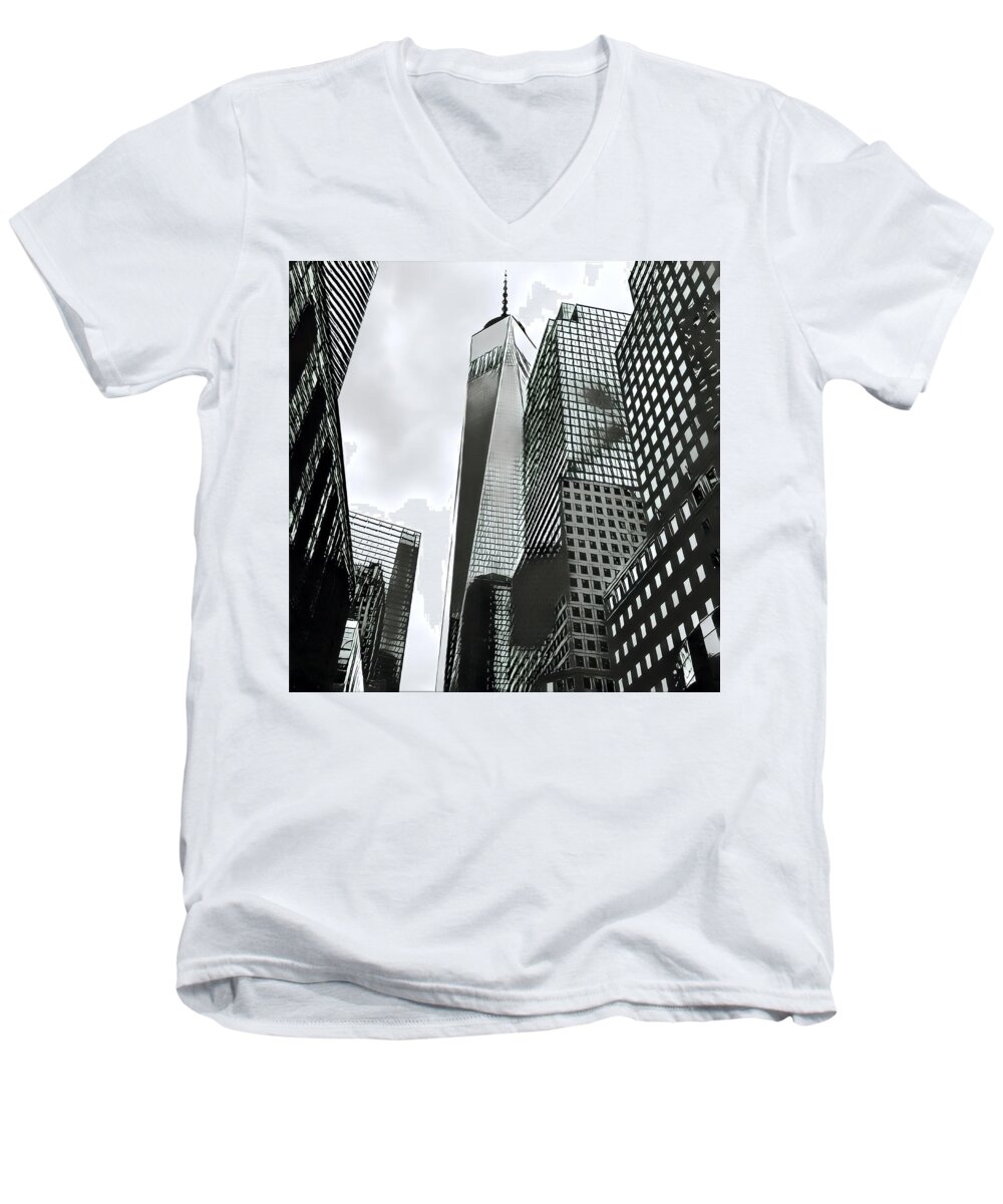 World Trade Center Men's V-Neck T-Shirt featuring the digital art Commuters' view of 1 World Trade Center by Gina Callaghan