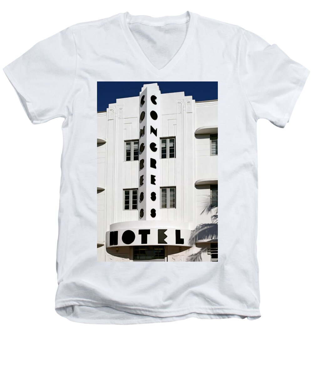 Art Deco District Miami Beach Men's V-Neck T-Shirt featuring the photograph Congress Hotel. Miami. FL. USA by Juan Carlos Ferro Duque