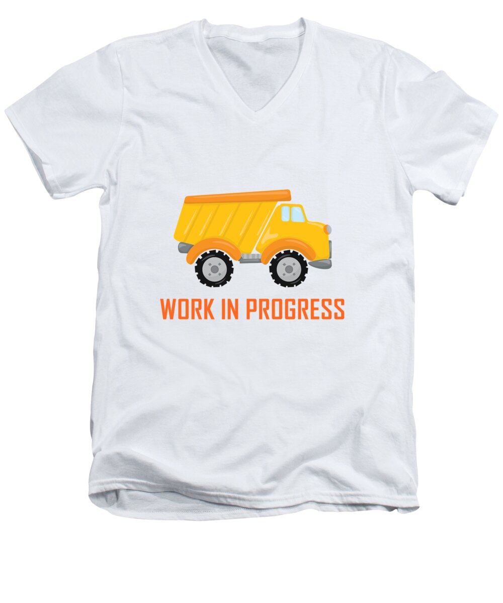 Dump Truck Men's V-Neck T-Shirt featuring the digital art Construction Zone - Dump Truck Work In Progress Gifts - Yellow Background by KayeCee Spain