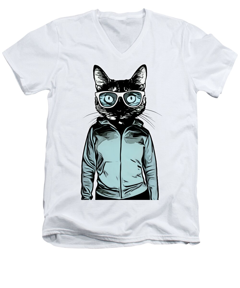 Cat Men's V-Neck T-Shirt featuring the mixed media Cool Cat by Nicklas Gustafsson