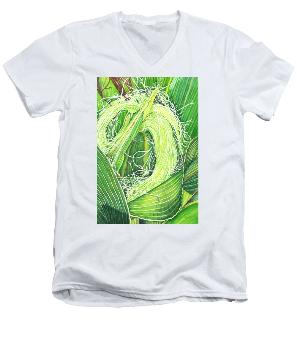 Corn Men's V-Neck T-Shirt featuring the painting Corn Silk by Lori Taylor