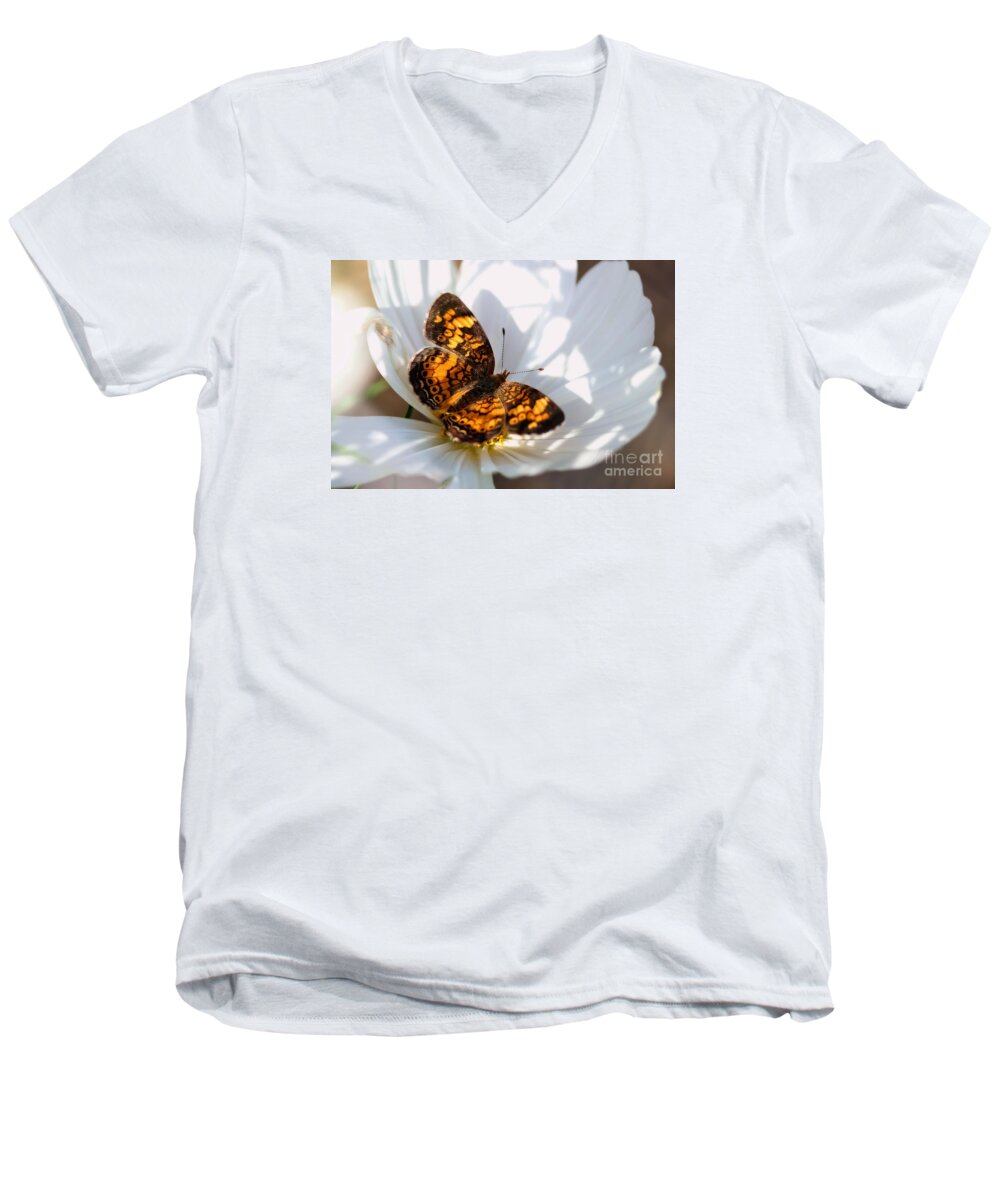 White Men's V-Neck T-Shirt featuring the photograph Pearl Crescent Butterfly on White Cosmo Flower by Angela Rath