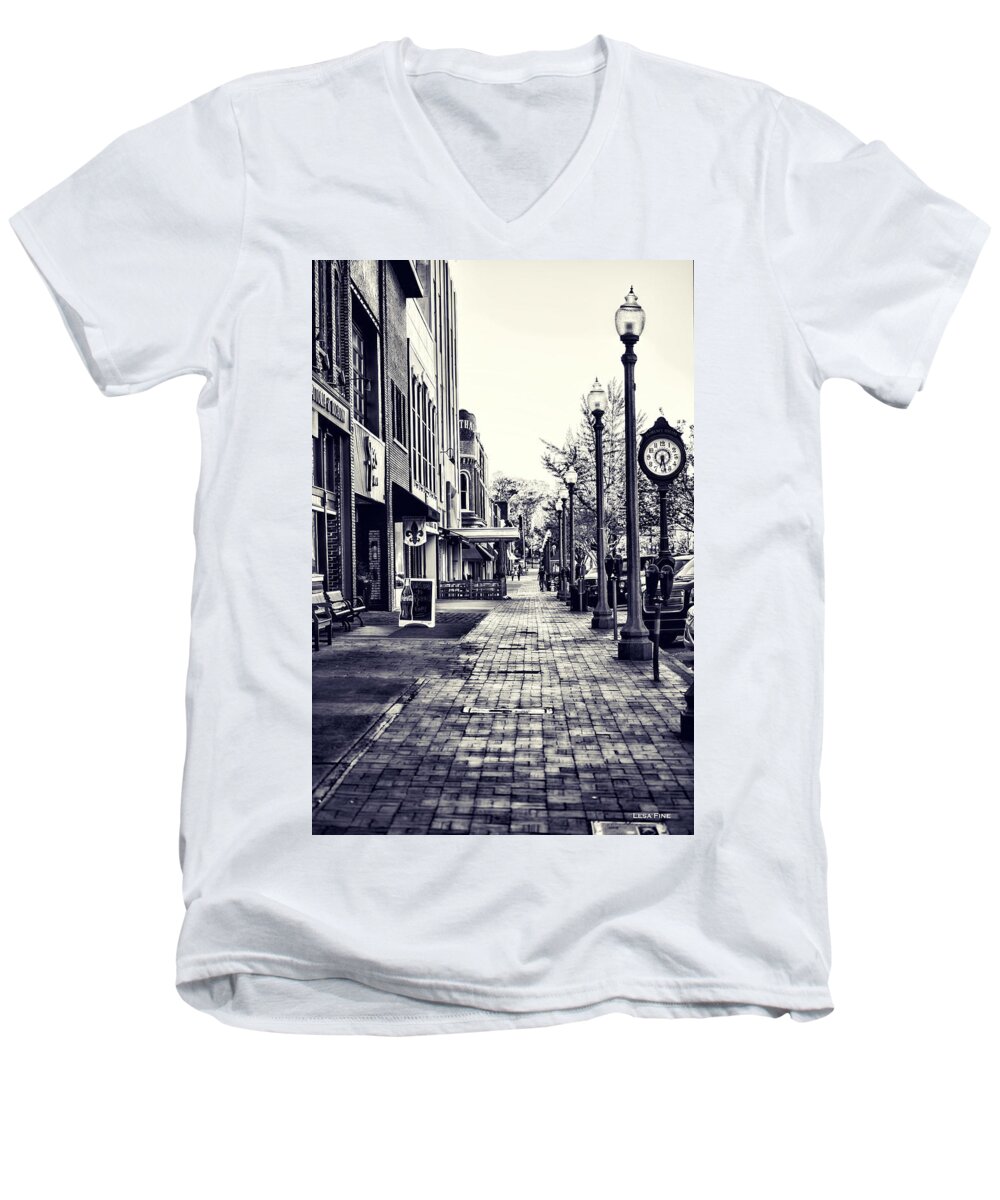 Court Street Men's V-Neck T-Shirt featuring the mixed media Court Street Clock Florence Alabama by Lesa Fine