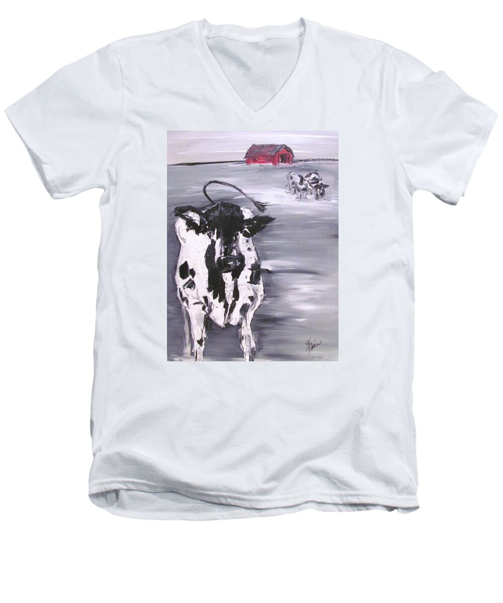 Cow Men's V-Neck T-Shirt featuring the painting Cow in Winter by Terri Einer