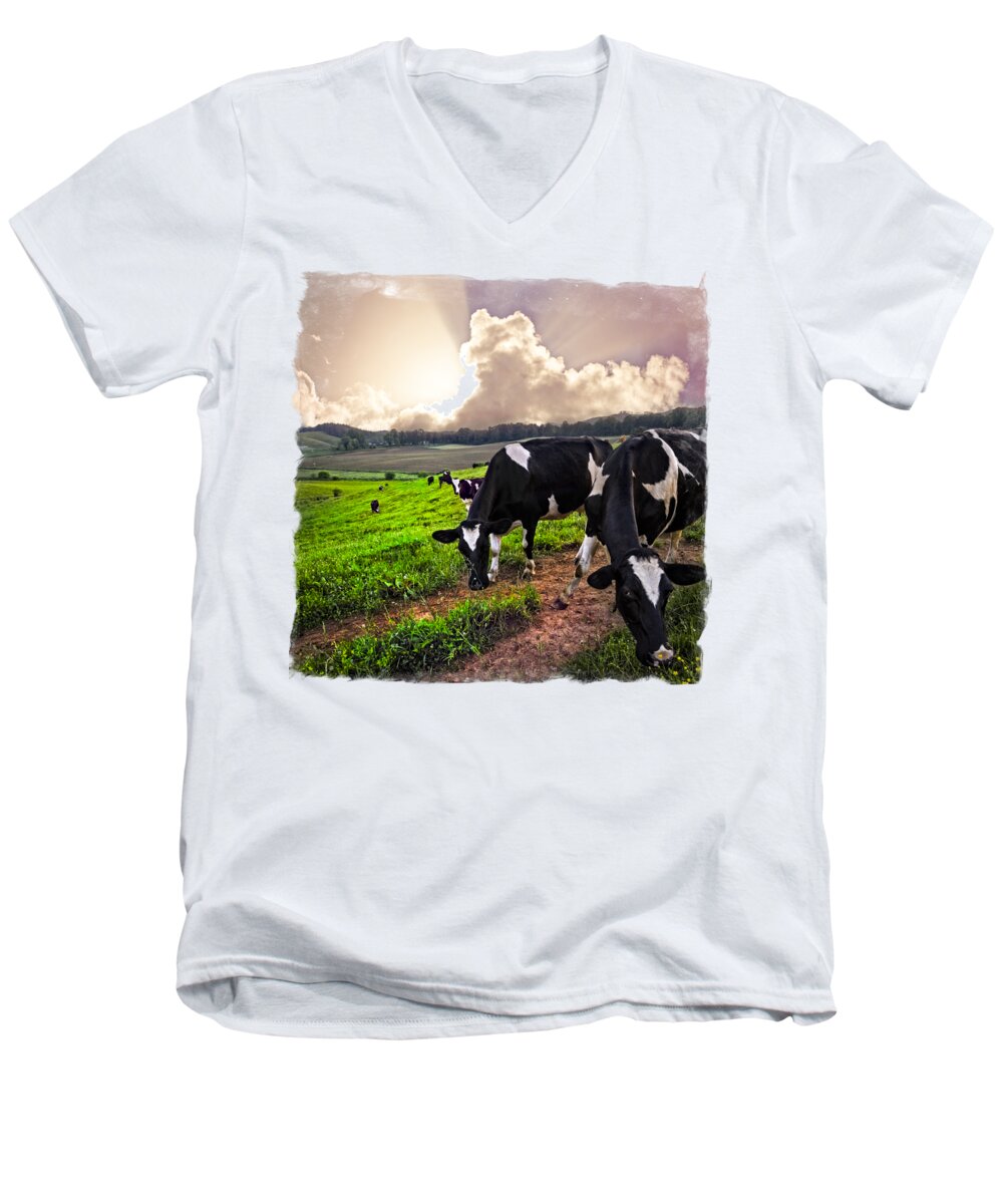 Agriculture Men's V-Neck T-Shirt featuring the photograph Cows at Sunset Bordered by Debra and Dave Vanderlaan