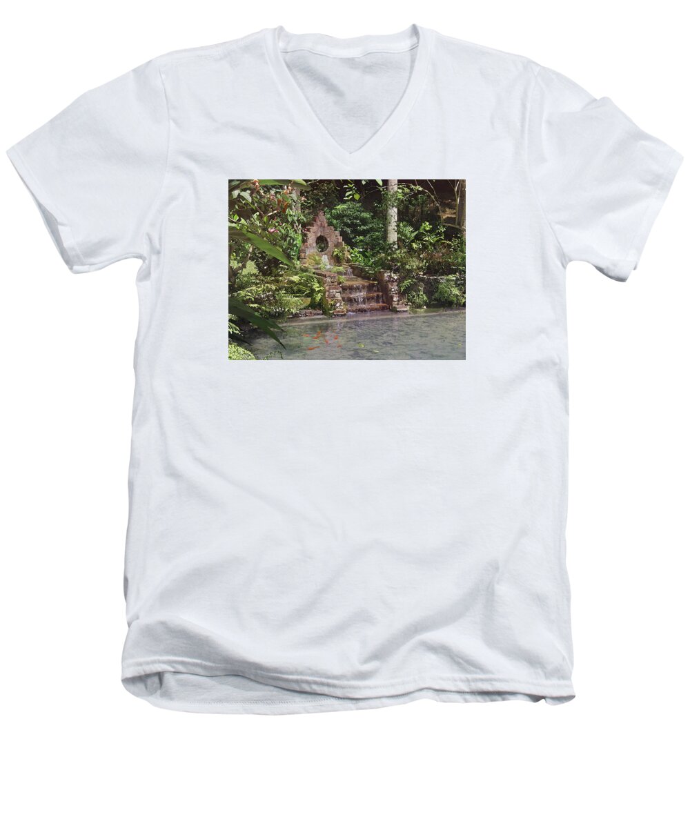 Cedric Hampton Men's V-Neck T-Shirt featuring the photograph Coyaba Garden Fountain by Cedric Hampton