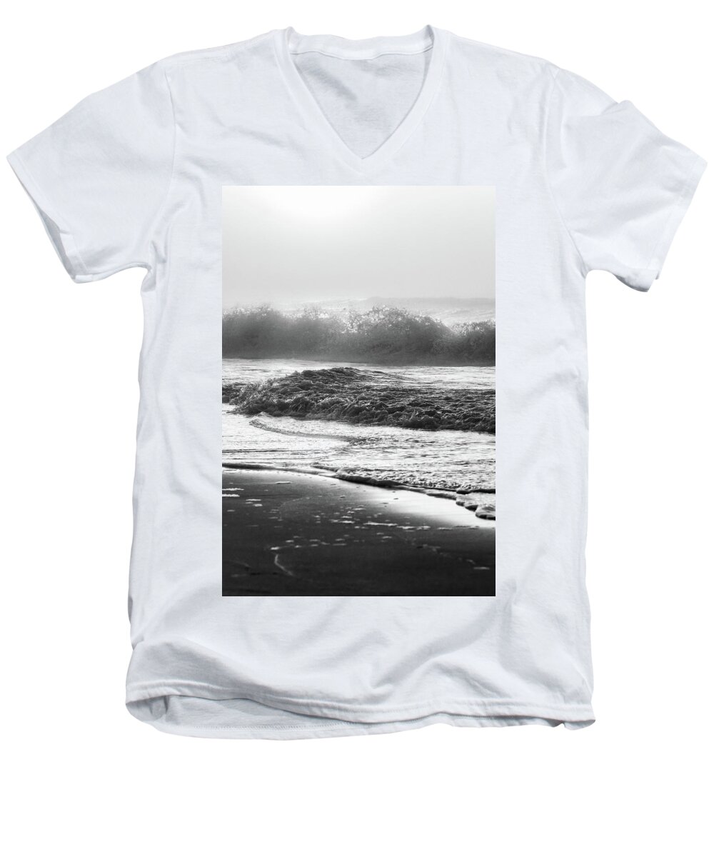 Beach Men's V-Neck T-Shirt featuring the photograph Crashing wave at Beach Black and White by John McGraw