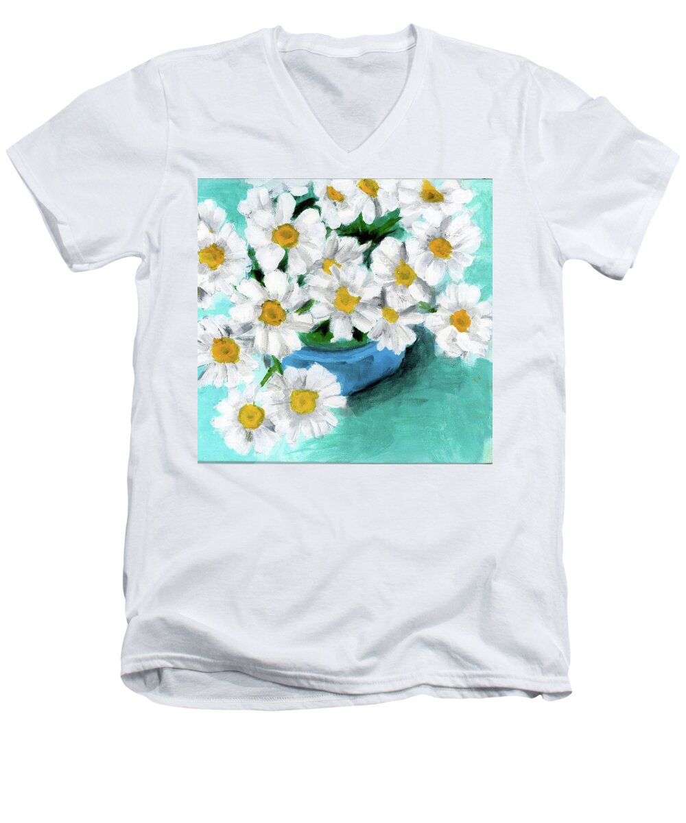 Daisies Men's V-Neck T-Shirt featuring the painting Daisies in Blue Bowl by Debbie Brown