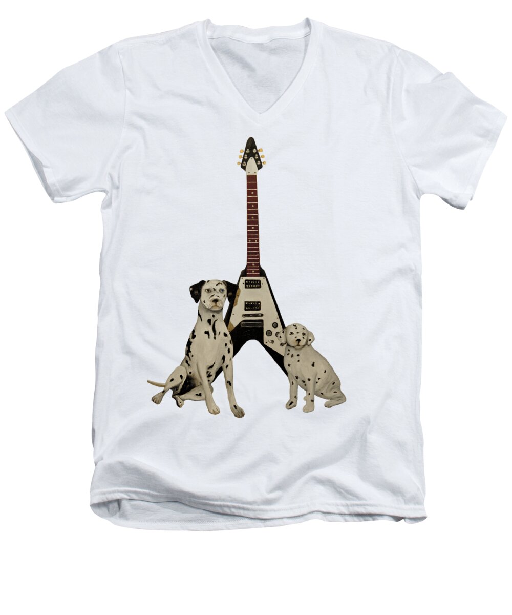 Music Men's V-Neck T-Shirt featuring the painting Dalmation Pups and the Flying V by John Stuart Webbstock