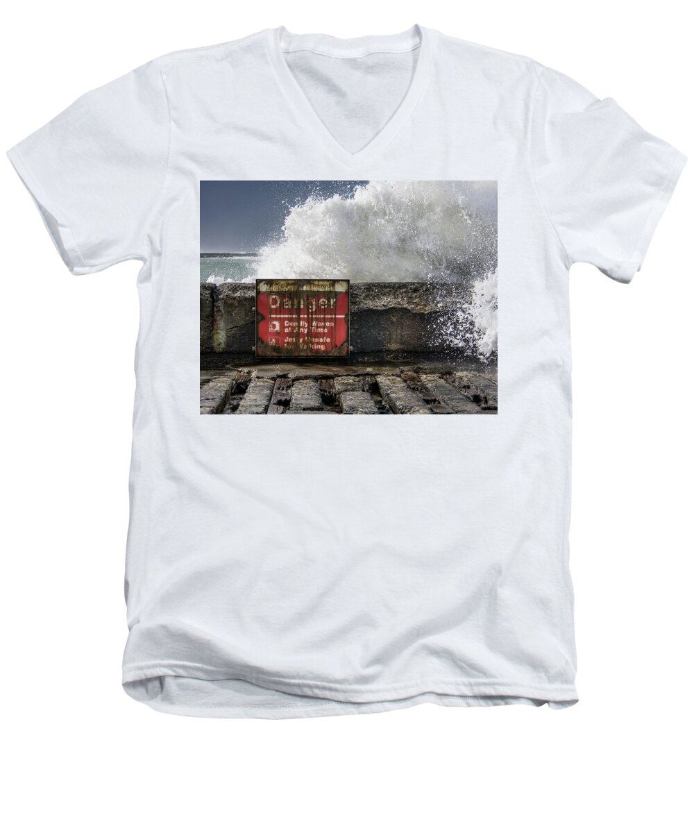 North Jetty Men's V-Neck T-Shirt featuring the photograph Danger by Greg Nyquist