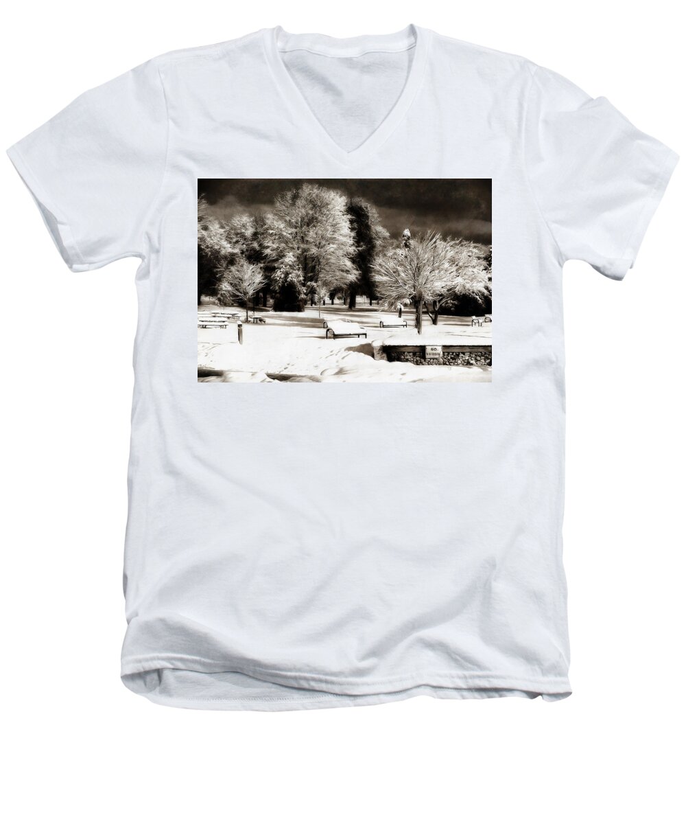 Winter Men's V-Neck T-Shirt featuring the digital art Dark Skies and Winter Park by JGracey Stinson