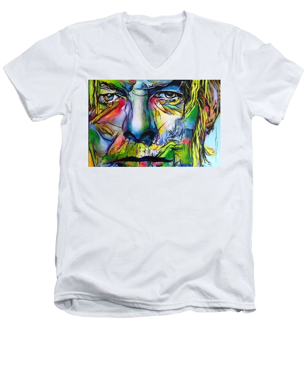 David Bowie Men's V-Neck T-Shirt featuring the painting David Bowie by Eric Dee
