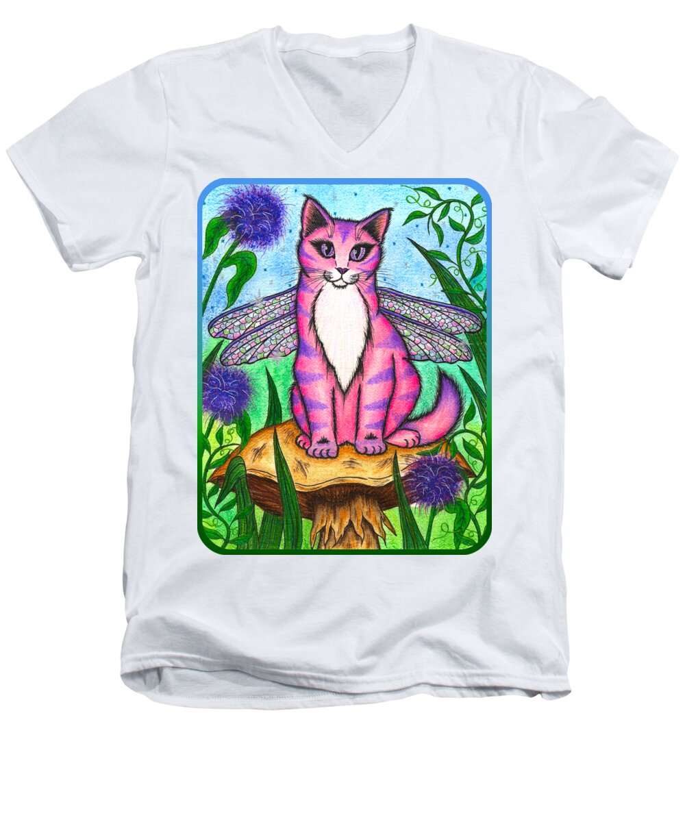 Dragonfly Men's V-Neck T-Shirt featuring the painting Dea Dragonfly Fairy Cat by Carrie Hawks