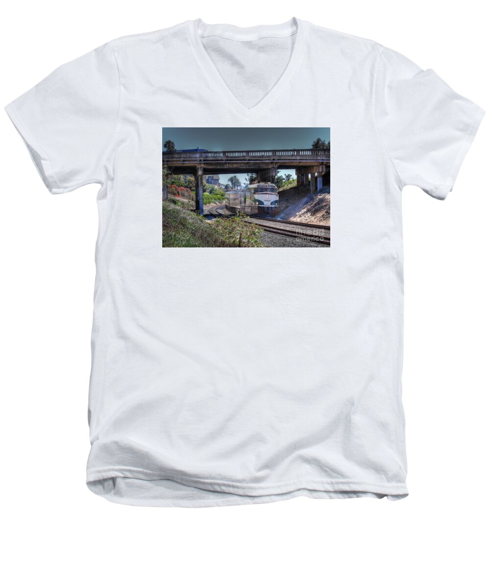 Del Mar Men's V-Neck T-Shirt featuring the photograph Del Mar Amtrak by Dusty Wynne