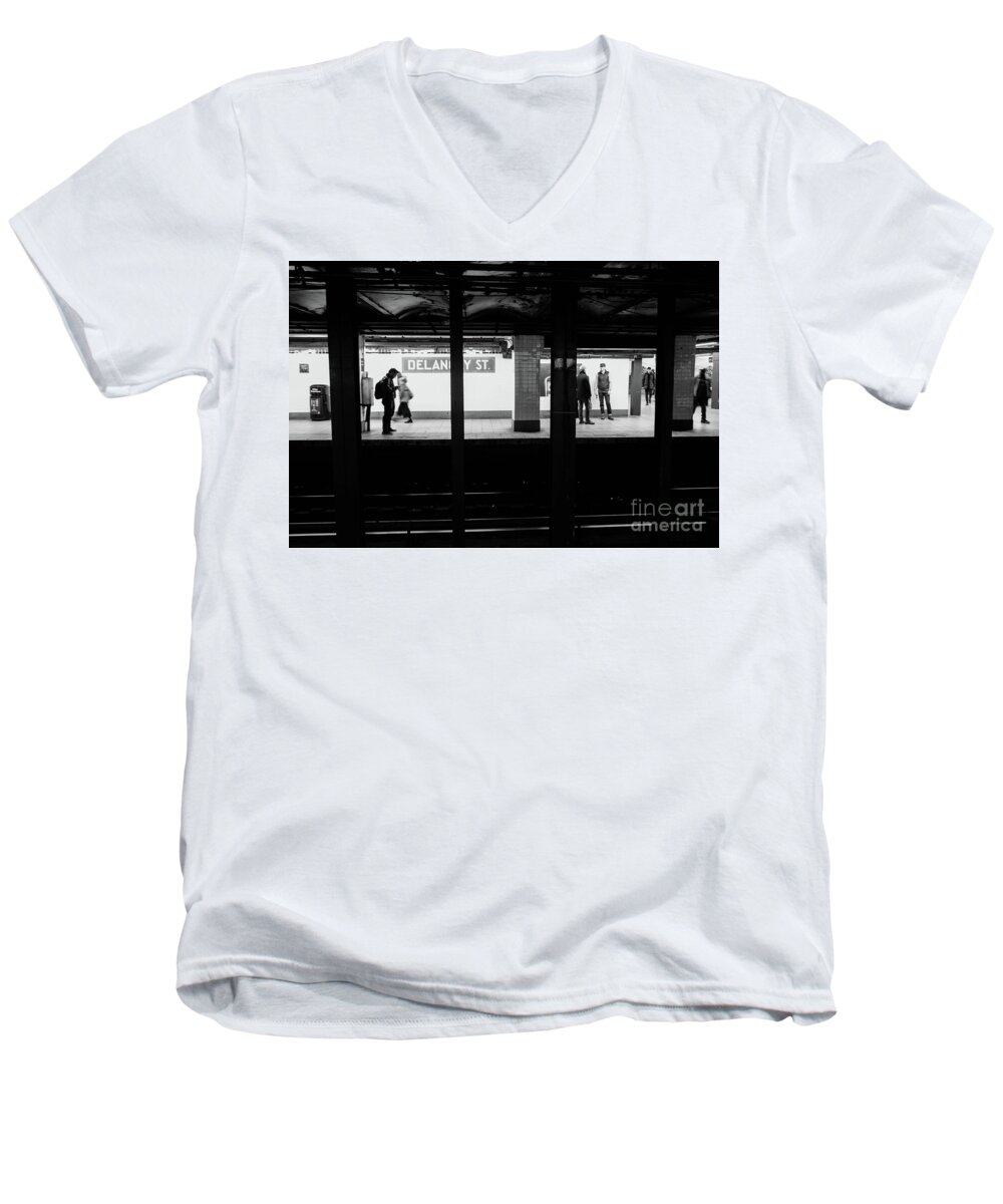 New York Men's V-Neck T-Shirt featuring the photograph Delancy Street Metro by Thomas Marchessault