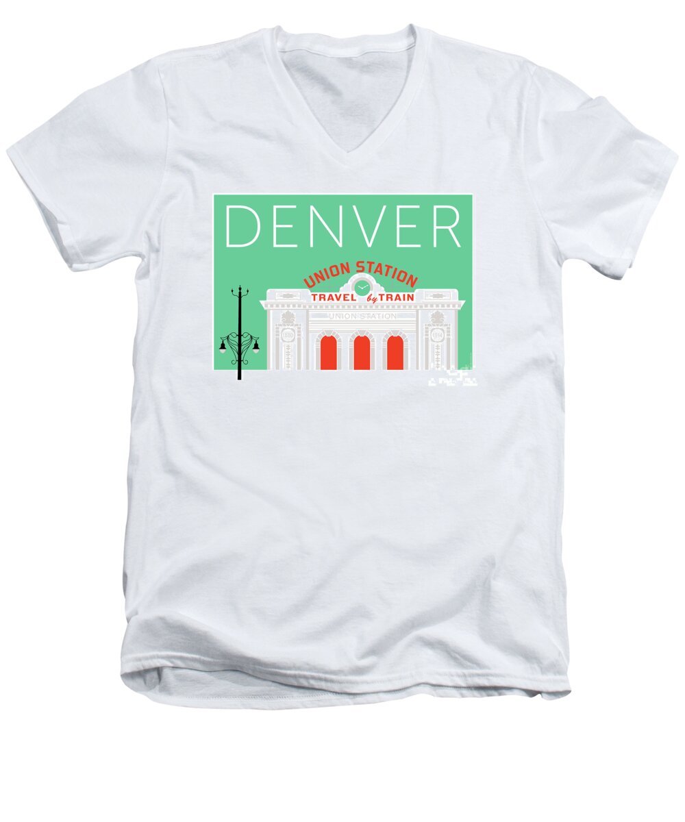 Denver Men's V-Neck T-Shirt featuring the digital art DENVER Union Station/Aqua by Sam Brennan
