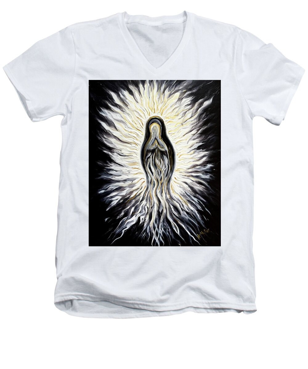 Divine Men's V-Neck T-Shirt featuring the painting Divine Mother Black and White by Michelle Pier