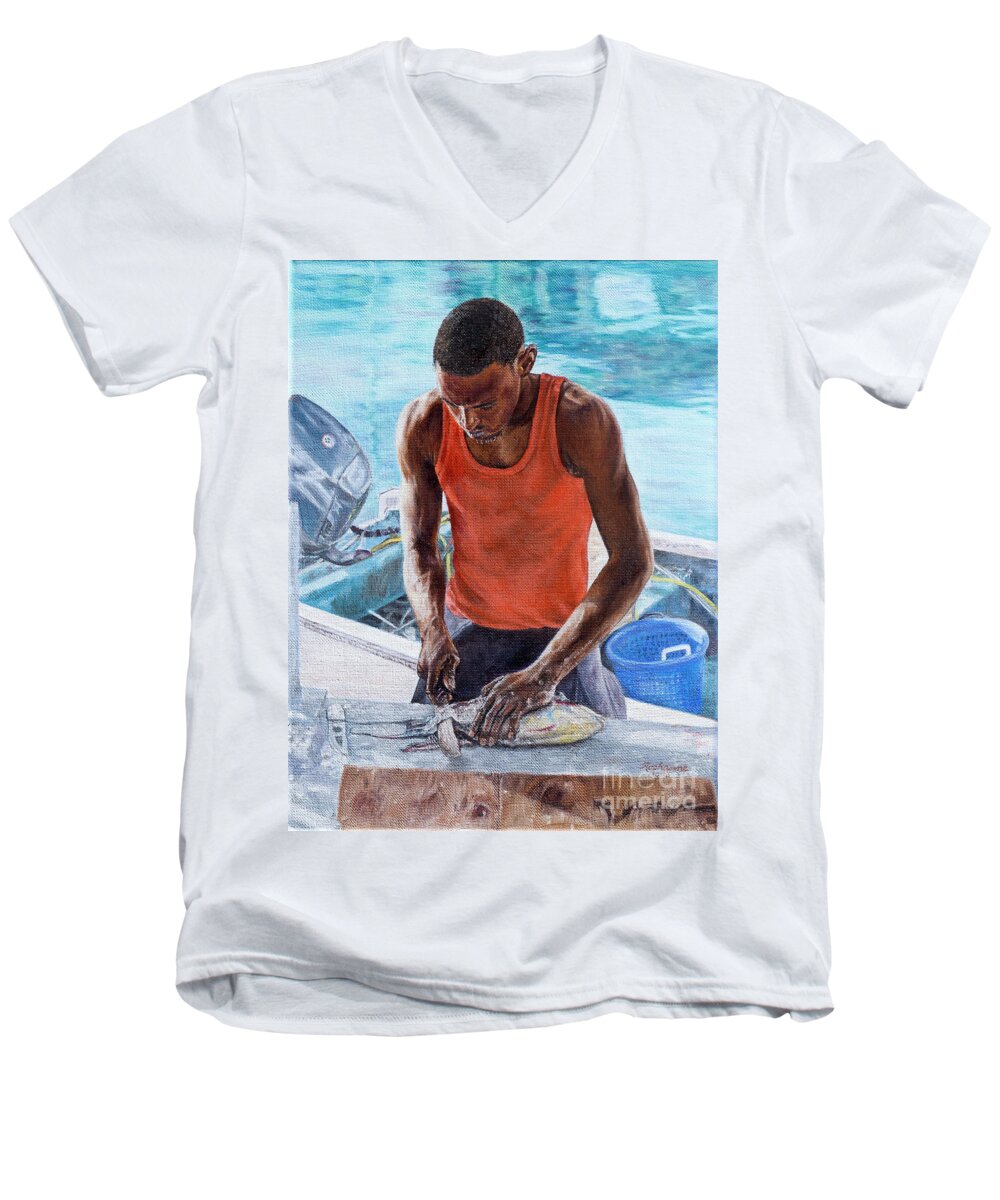 Roshanne Men's V-Neck T-Shirt featuring the painting Dockside by Roshanne Minnis-Eyma