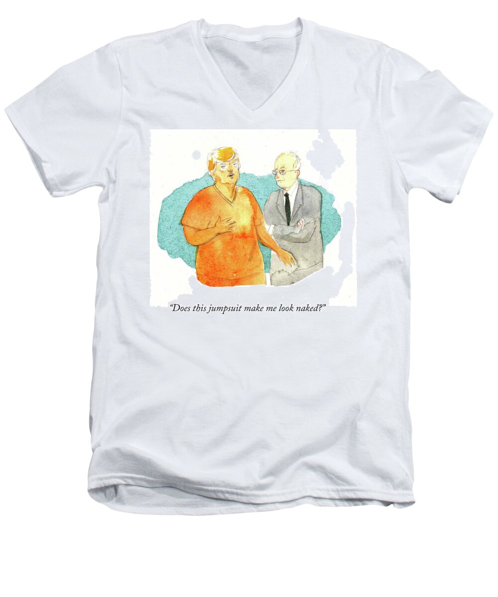 Does This Jumpsuit Make Me Look Naked? Men's V-Neck T-Shirt featuring the painting Does This Jumpsuit Make Me Look Naked by Emily Flake