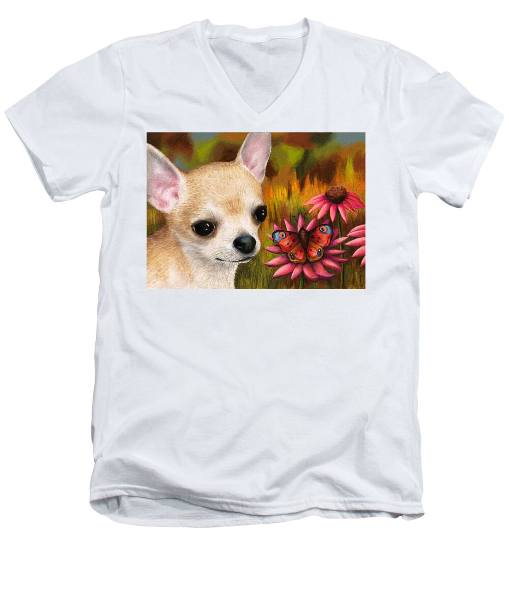 Dog Men's V-Neck T-Shirt featuring the painting Dog 85 Chihuahua by Lucie Dumas