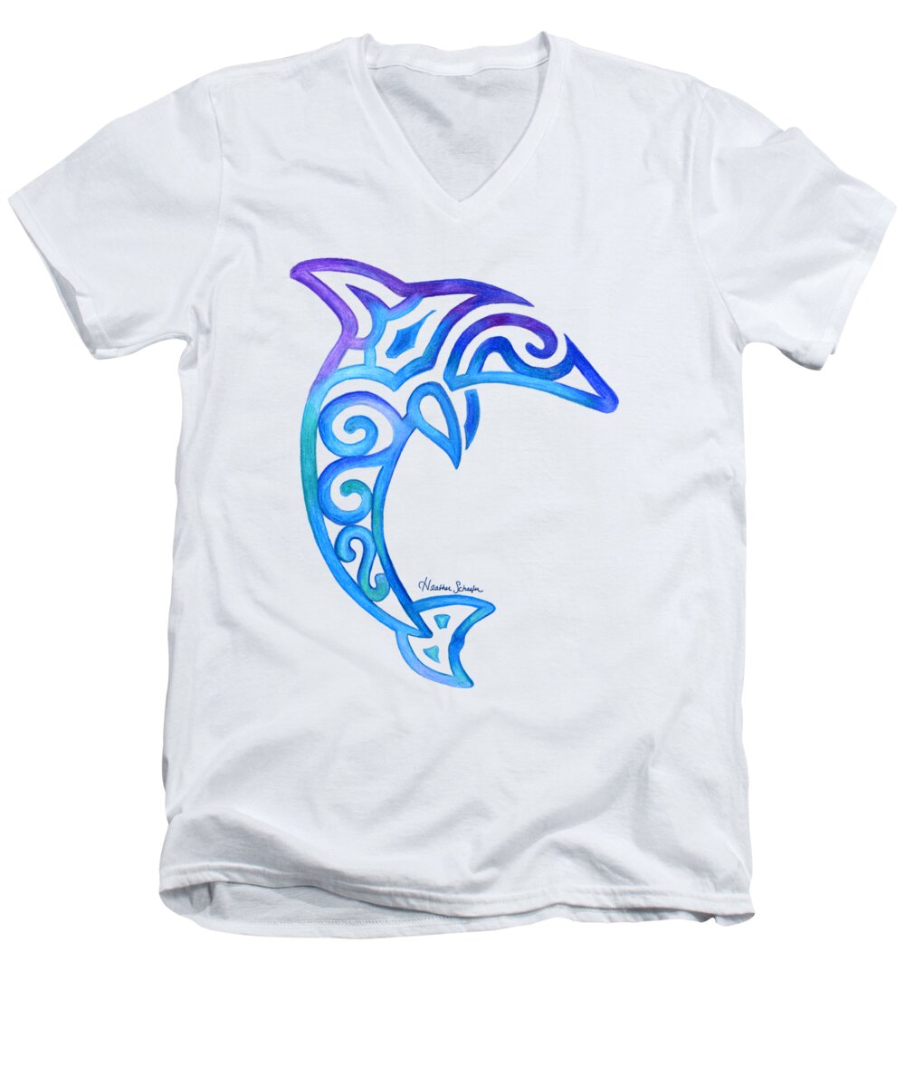 Dolphin Men's V-Neck T-Shirt featuring the drawing Dolphin by Heather Schaefer