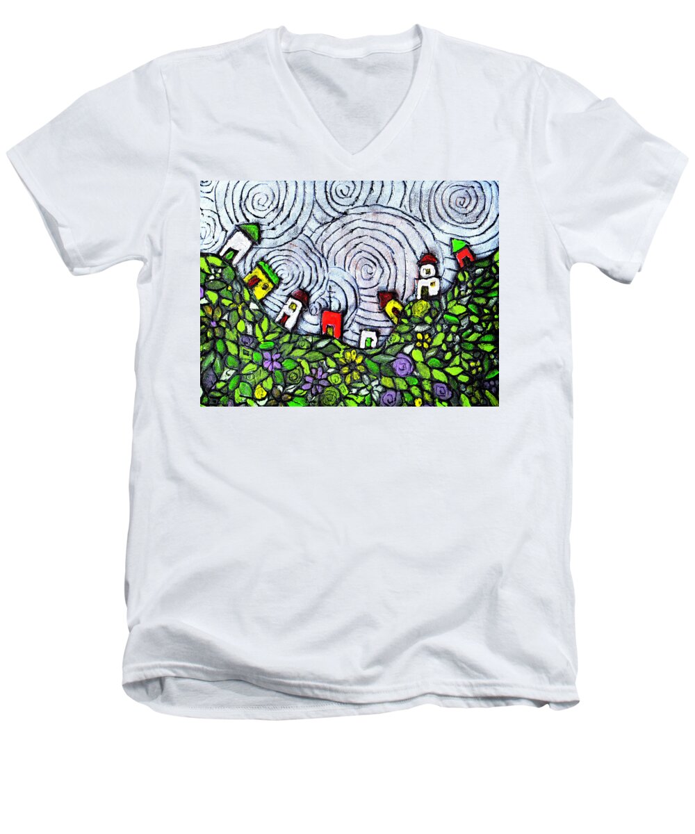 Folk Art Men's V-Neck T-Shirt featuring the painting Down in the Valley by Wayne Potrafka
