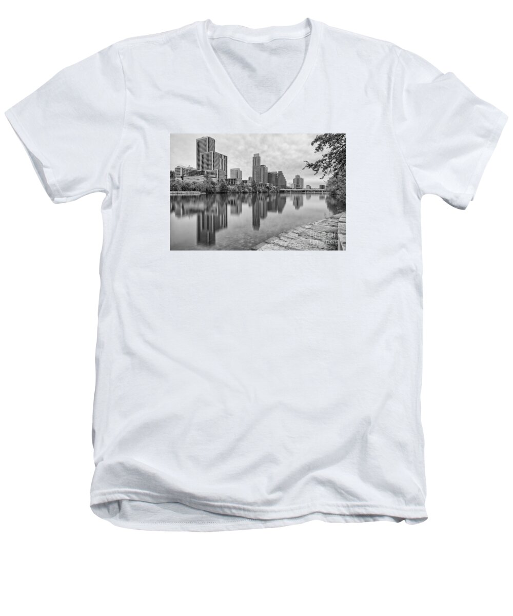 Downtown Men's V-Neck T-Shirt featuring the photograph Downtown Austin in Black and White Across Lady Bird Lake - Colorado River Texas Hill Country by Silvio Ligutti