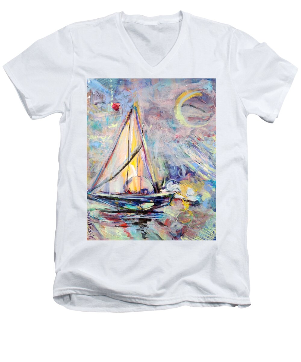 Schiros Men's V-Neck T-Shirt featuring the painting Dream Boat by Mary Schiros