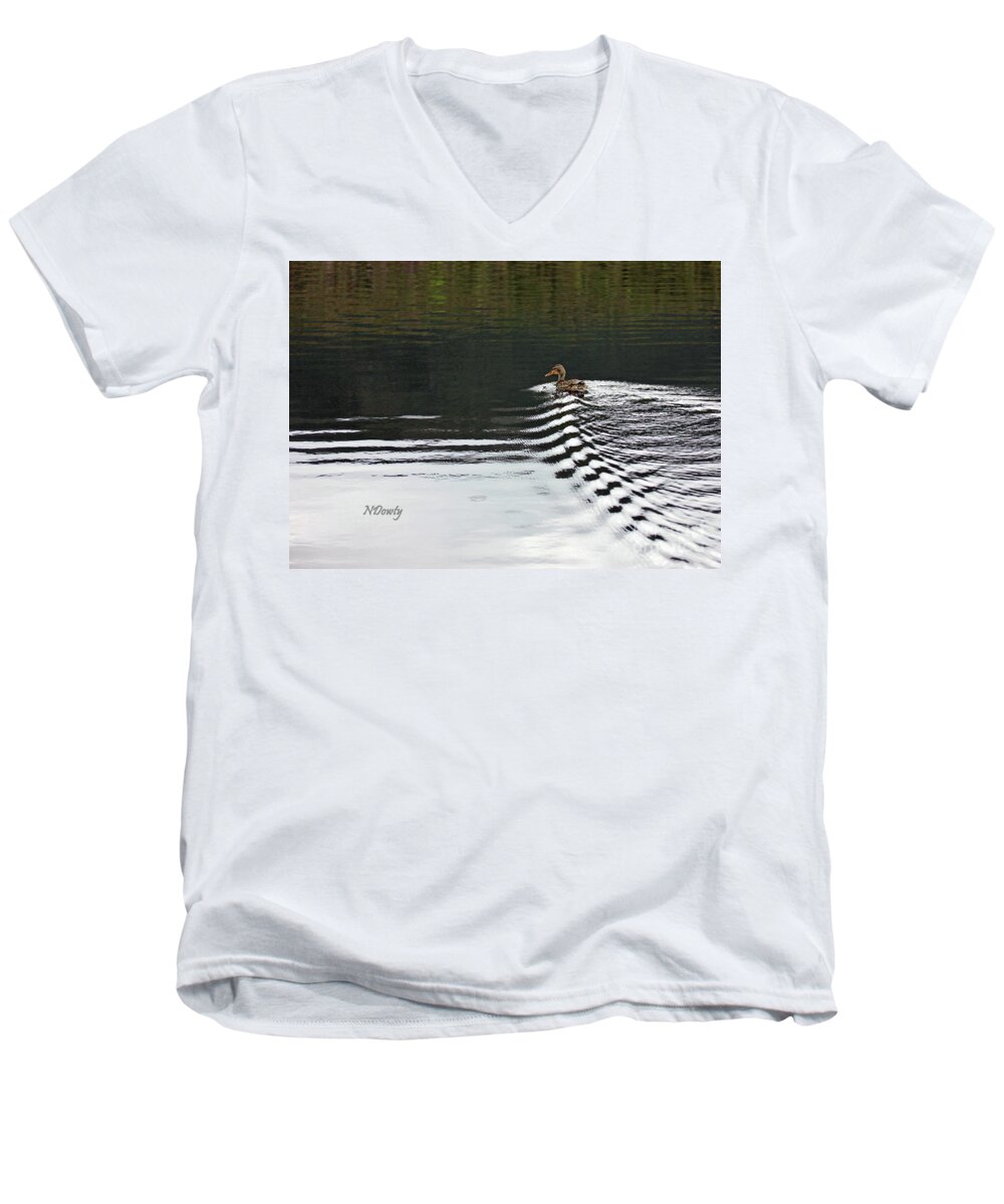 Duck Ripple Wake Men's V-Neck T-Shirt featuring the photograph Duck on Ripple Wake by Natalie Dowty
