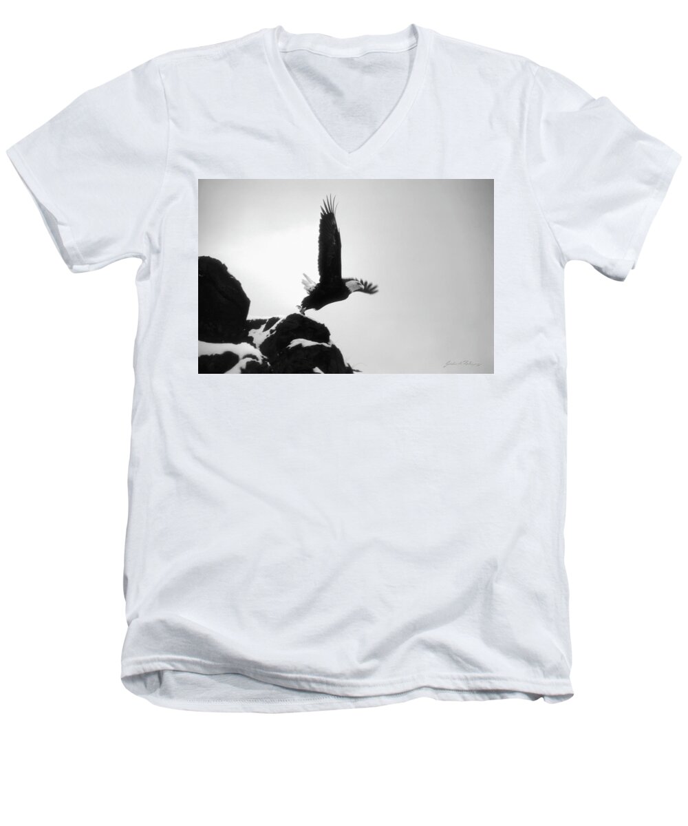 Nature Men's V-Neck T-Shirt featuring the photograph Eagle Takeoff at Adak, Alaska by John A Rodriguez