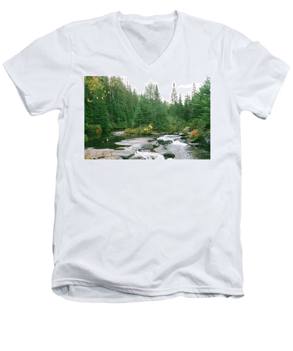 River Men's V-Neck T-Shirt featuring the photograph Early Autumn on the Madawaska River by David Porteus