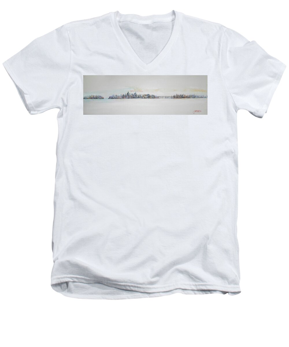 Painting Men's V-Neck T-Shirt featuring the painting Early Skyline by Jack Diamond
