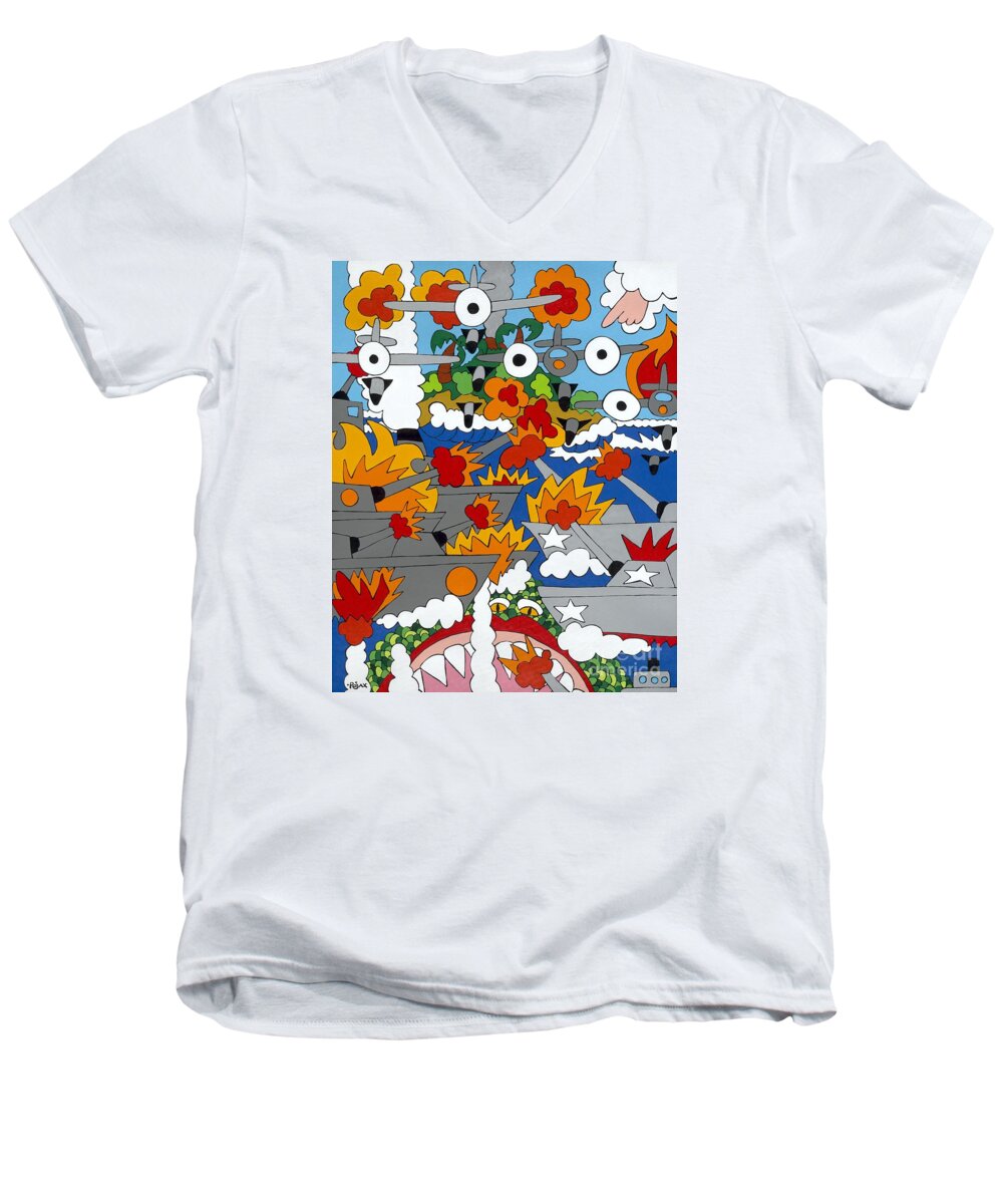 Wwii Men's V-Neck T-Shirt featuring the painting East Meets West by Rojax Art