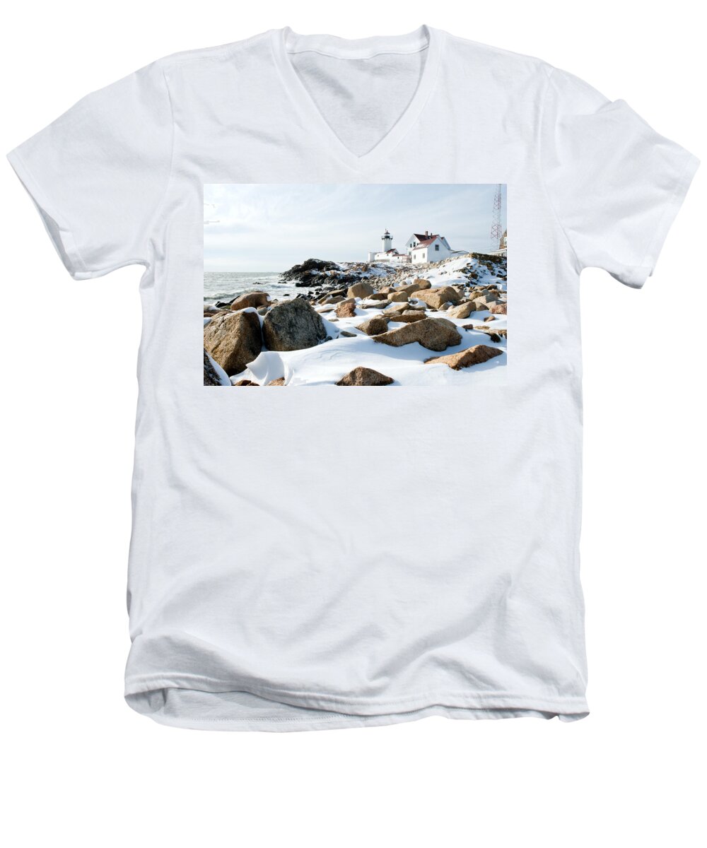 Gloucester Men's V-Neck T-Shirt featuring the photograph Eastern Point Light II by Greg Fortier