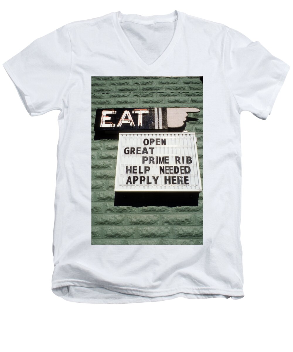 Color Men's V-Neck T-Shirt featuring the photograph Eat Sign by Frank DiMarco