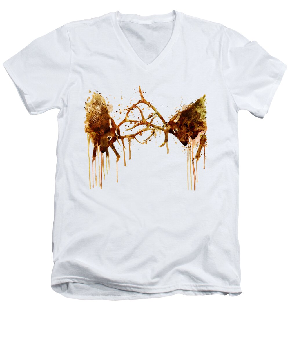 Elk Men's V-Neck T-Shirt featuring the painting Elks Fight by Marian Voicu